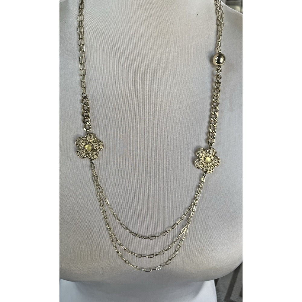 NWT Fashion Jewelry Gold‎ Chain Double Flower Necklace 15"